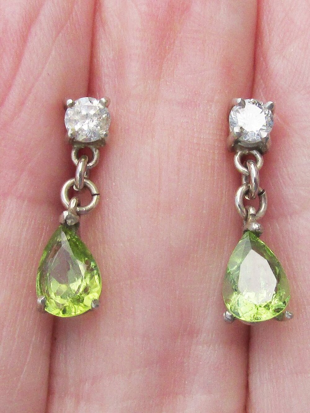 Petite Vintage Sterling Silver Green Teardrop Rhinestone Dangle Earrings
